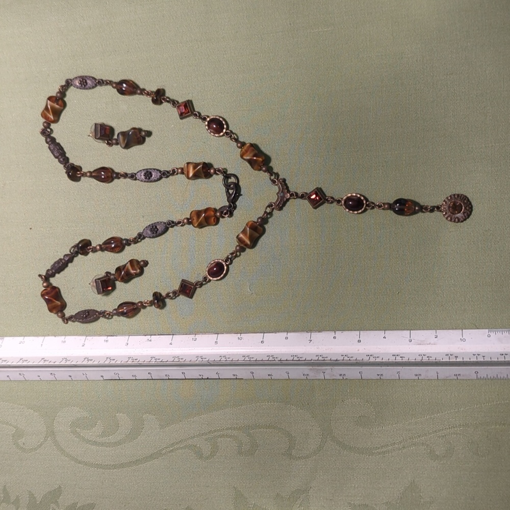 Vintage Tiger Eye & Amber Bead Necklace Earrings SET